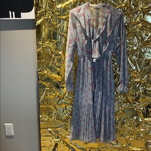 twik Blue Floral Long Sleeve Ruffle Midi Dress